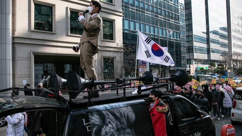 Bae In-kyu, head of Man on Solidarity: Women’s rights advocates fear anti-feminism might roll back the hard-won progress South Korea has made in women’s rights. Photograph: Woohae Cho/New York Times