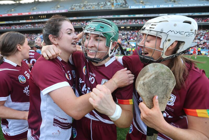 Galway's Annmarie Starr, Niamh Mallon and Rachael Hanniffy celebrate winning the O'Duffy Cup. Photograph: Bryan Keane/INPHO