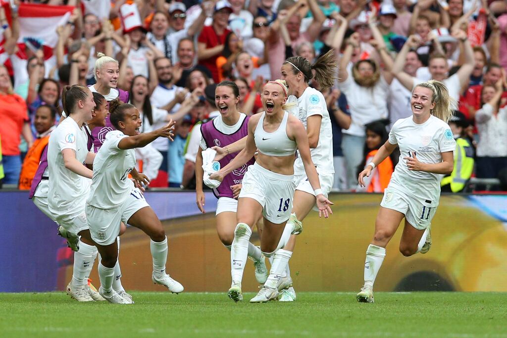 England's Chloe Kelly celebrates scoring the winning goal at Wembley Stadium. Photograph: PA
