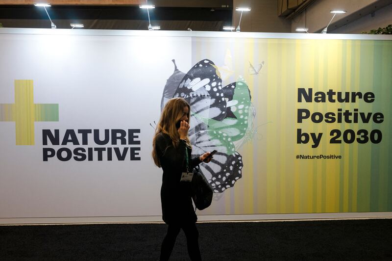 A delegate walks by a sign at Cop15. Photograph: Andrej Ivanov/AFP via Getty Images