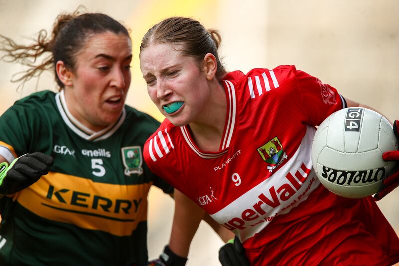 Aoife Healy of Cork in action against Aishling O'Connell of Kerry during the All-Ireland SFC round 2 match at Supervalu Páirc Uí Chaoimh. Photograph: Michael P Ryan/Sportsfile