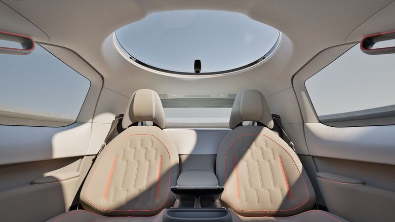 Above the two reclining seats is a dramatic circular backlit sunroof called the Halo, which Rimac describes as a “portal to new journeys”