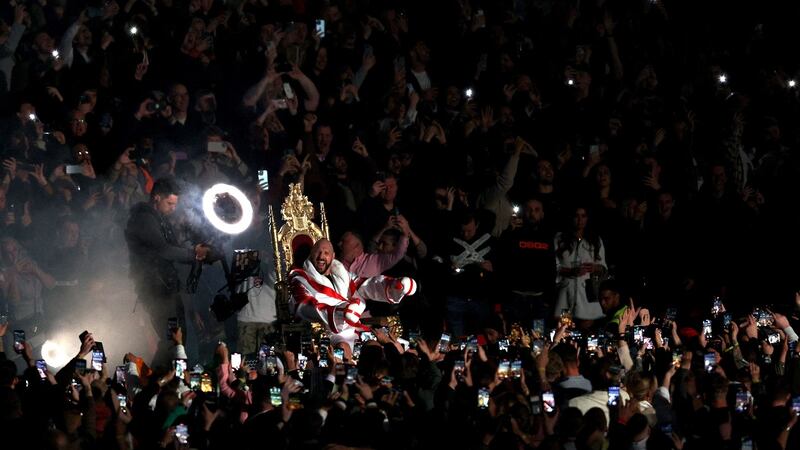 Britain’s Tyson Fury makes his way to the ring ahead of his WBC heavyweight title fight against Britain’s Dillian Whyte at Wembley Stadium. Photograph: Adrian Dennis/ AFP