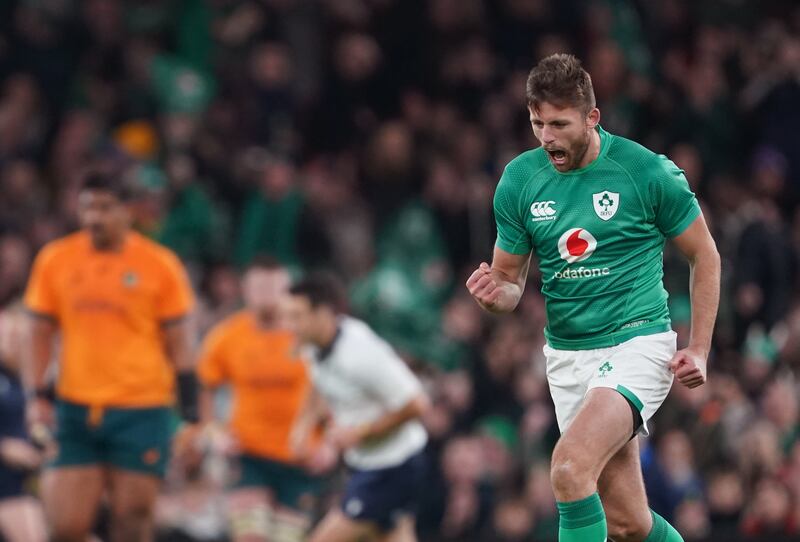 Ireland's Ross Byrne celebrates after kicking a late penalty to win the game at the Aviva Stadium in Dublin on Saturday. Brian Lawless/PA Wire.
