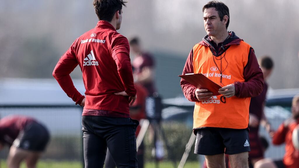 Munster head coach Johann van Graan and Joey Carbery in training ahead of Friday night’s Pro14 clash. Photograph: Inpho