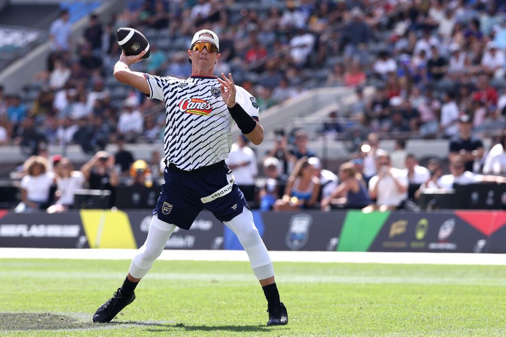 Tom Brady of the Founders FFC looks to pass during the Fanatics Flag Football Classic at BMO Stadium in Los Angeles, California. Photograph: Katelyn Mulcahy/Getty Images for for OBB Media