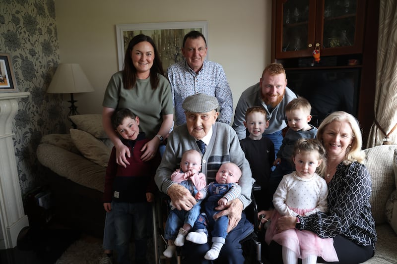 Paddy Claffey holding two of his great grandchildren, fifteen-week old twins Isabel and Dara Griffin. Also in photo (from left) Fiona Griffin (granddaughter) and her son Conor (5), Patrick Claffey (Paddy’s son), Adrian Claffey (grandson) with his two boys Shay (4) and Paidi (2) Claffey and Janet Claffey (Patrick’s wife) with Holly Griffin (3).   Photograph: Bryan O’Brien
