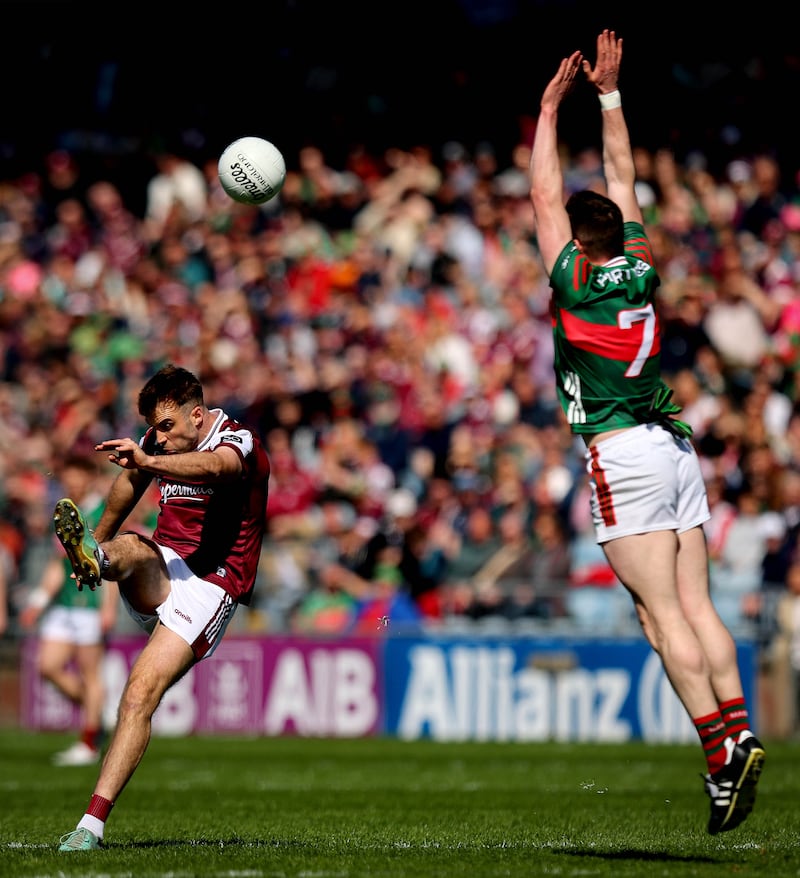Galway's Paul Conroy and Mayo’s Stephen Coen in action at the Connacht final on May 4. Photograph: Ryan Byrne/INPHO