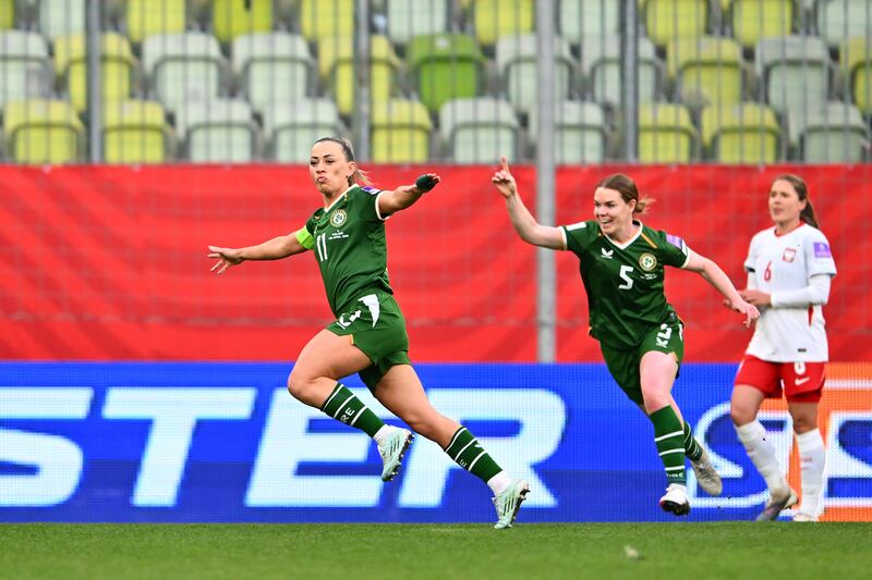 Ireland's Katie McCabe celebrates her goal. Photograph: Mateusz Slodkowski/Getty Images