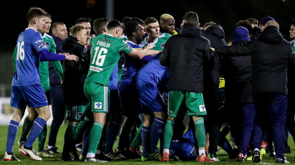 Waterford and Cork City players were involved in a brawl in the latter stages of the SSE Airtricity League game at the RSC. Two players from each side have received suspensions of between three and six matches. Photograph: Laszlo Geczo/Inpho