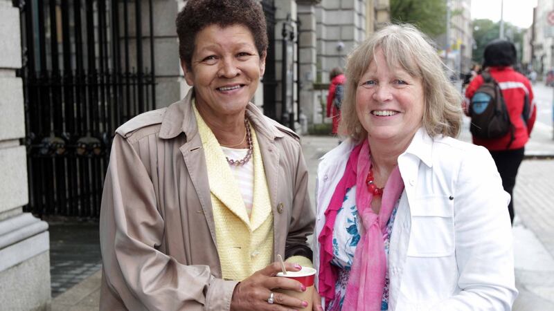 Christine Buckley with Carmel McDonnell Byrne at the Dáil for the Committee stage of the Residential Institutions Statutory Fund Bill 2012. Photograph: Mark Stedman/ Photocall Ireland