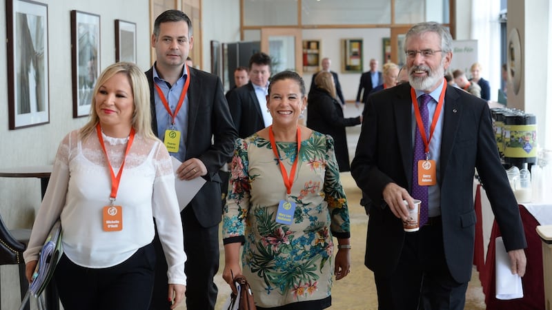Gerry Adams with ’The Next Generation’ –  Mary Lou McDonald, Pearse Doherty and Michelle O’Neill. Photograph: Dara Mac Dónaill