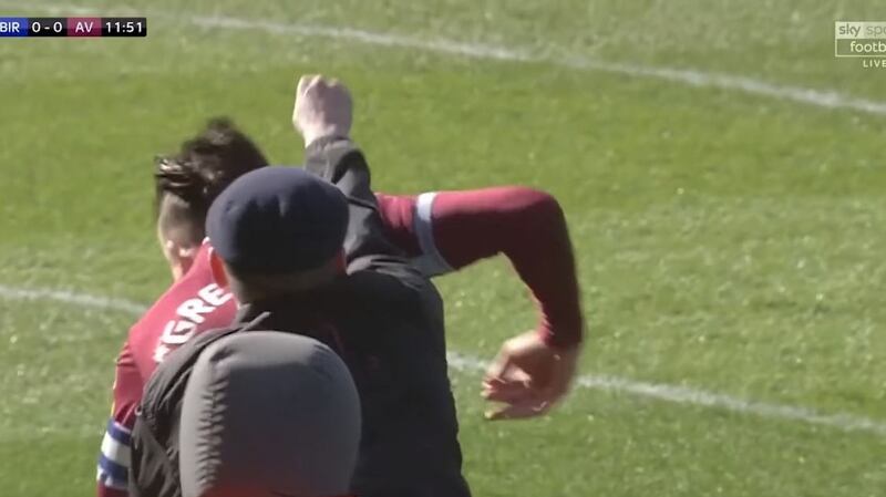 Screengrab taken from Sky Sports Football of a fan attacking Aston Villa’s Jack Grealish.