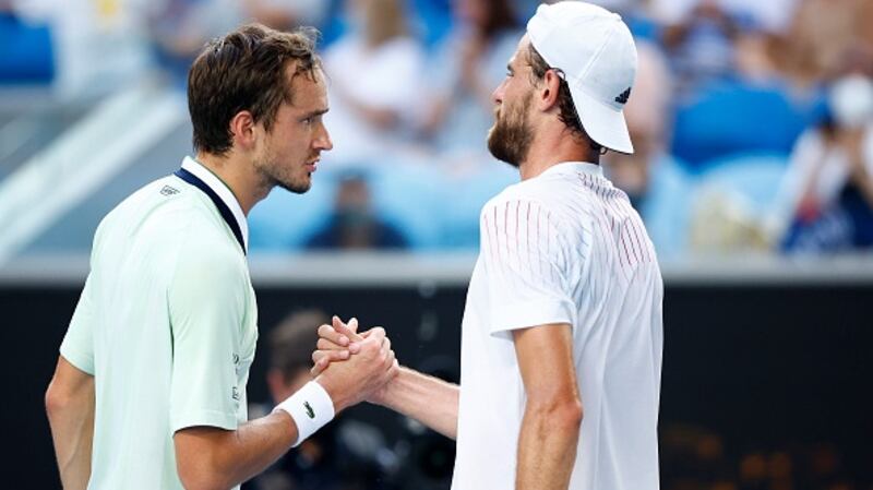 Daniil Medvedev  embraces Maxime Cressy  at the net after their fourth round singles match. Photograph:  Daniel Pockett/Getty Images