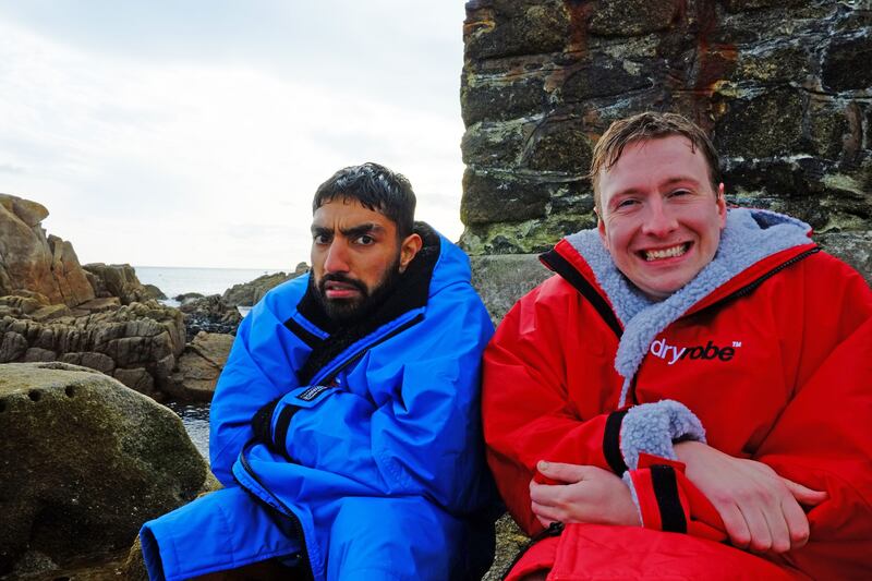 ‘My scrotum has very much gone inside’: Mawaan Rizwan and Joe Lycett at the Forty Foot