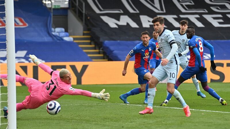 Chelsea’s Kai Havertz scores their  first goal  during the  Premier League match against Crystal Palace  at Selhurst Park. Photograph:  Justin Tallis/PA Wire