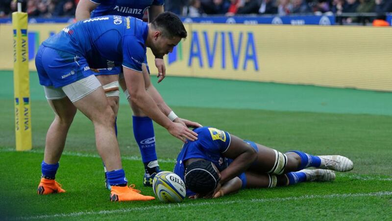 Maro Itoje of Saracens celebrates after scoring their second try against Harlequins. Photograph:  Henry Browne/Getty Images