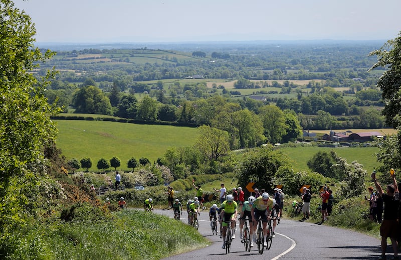 Gareth O’Neill of the Carlow Dan Morrissey team leads the peloton up the climb at Sliabh na Cailligh in Co Meath. Photograph: Lorraine O’Sullivan