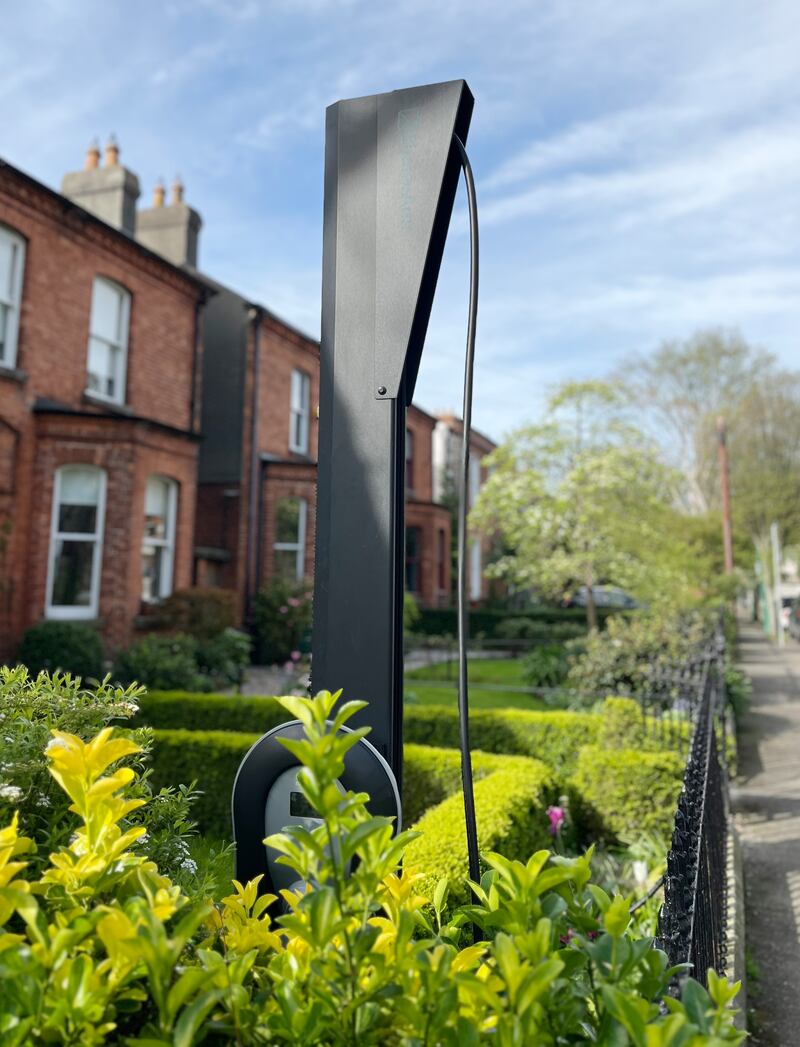An extendable charging arm for electric vehicles in the front garden of a home in Dublin. Photograph: Bryan O’Brien