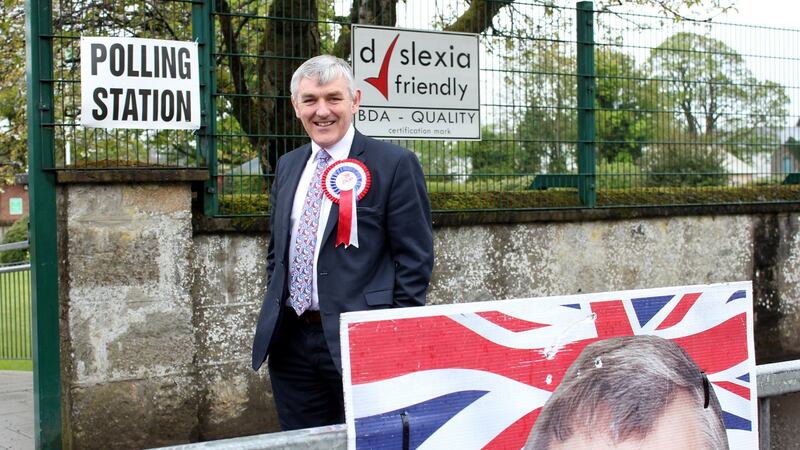 DUP handout photo of Thomas Buchanan outside Omagh County primary school during voting in the West Tyrone parliamentary byelection. Photograph: DUP/PA Wire