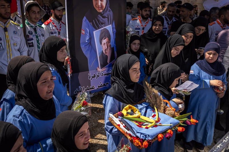 Mourners at the funeral for nine-year-old Fatima Abdullah, who was killed when a pager exploded on Tuesday. Photograph: Diego Ibarra Sánchez/New York Times