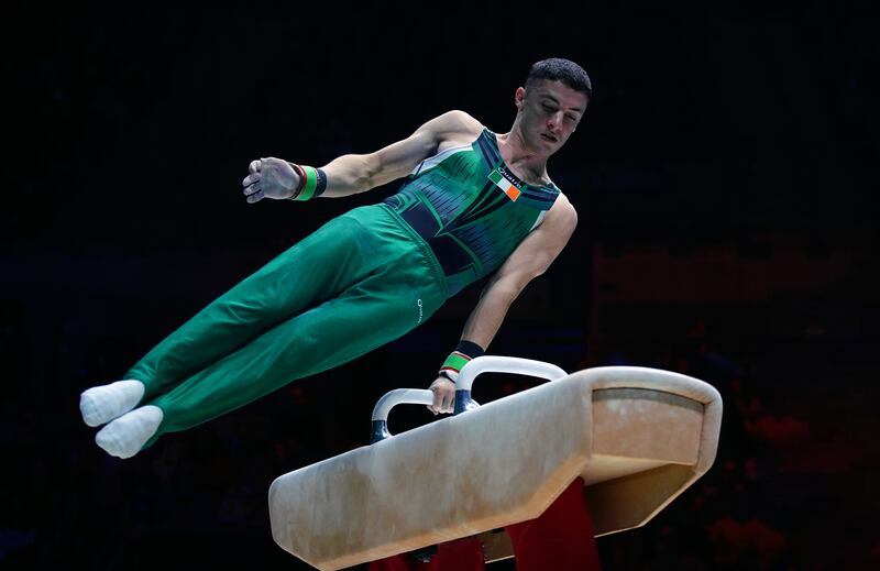 Ireland's Rhys McClenaghan on the pommel horse during the  Gymnastics World Championships at Bank Arena, Liverpool. Photograph: PA