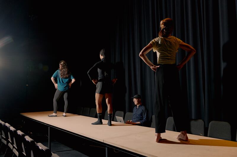 From left: Maren Shanks, Kaitlyn Sardin and Jean Butler rehearse What We Hold at the Irish Arts Center in New York. Photograph: Vincent Tullo/The New York Times
                      