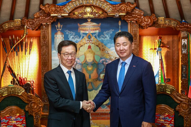 Chinese vice-president Han Zheng with his Mongolian counterpart Ukhnaagiin Khurelsukh in Ulaanbaatar last year. Photograph: Byambasuren Byamba-Ochir/AFP via Getty Images