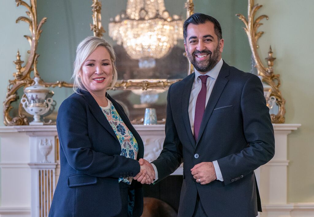 Scottish first minister Humza Yousaf (right) welcomes Sinn Féin vice-president Michelle O'Neill to Bute House, Edinburgh, on Wednesday. Photograph: Jane Barlow/PA Wire