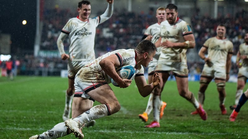 Ulster’s Mike Lowry runs in to score his side’s second try during the United Rugby Championship match against Leinster at Kingspan Stadium in Belfast. Photograph: Tom Maher/Inpho