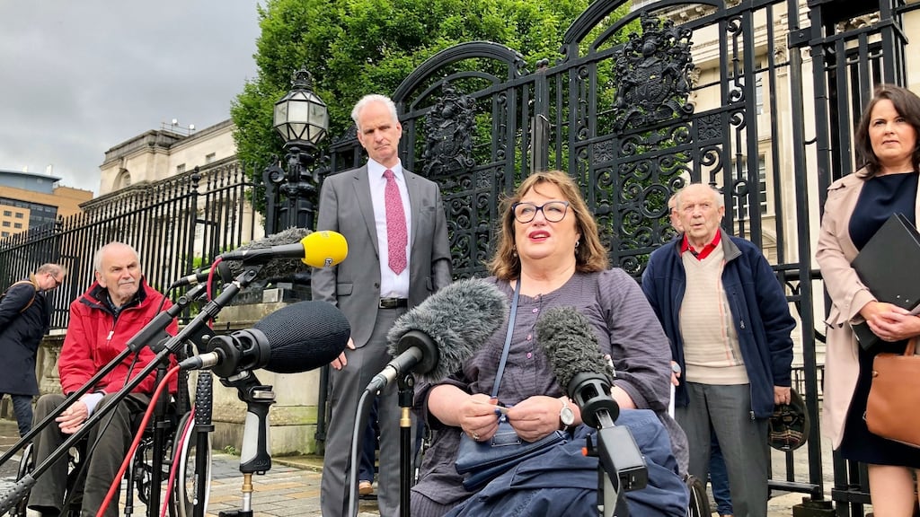 Jennifer McNern, joined by other victims and supporters from Wave Trauma group outside Belfast High Court. Photograph: David Young/PA Wire