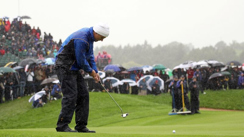 Pádraig Harrington hits a putt on the third green on the first morning.Photo: Jamie Squire/Getty Images