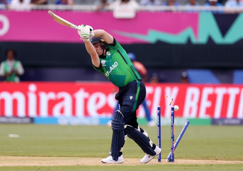 Lorcan Tucker is bowled during Ireland's comprehensive defeat to India in the T20 World Cup. Photograph: Robert Cianflone/Getty Images