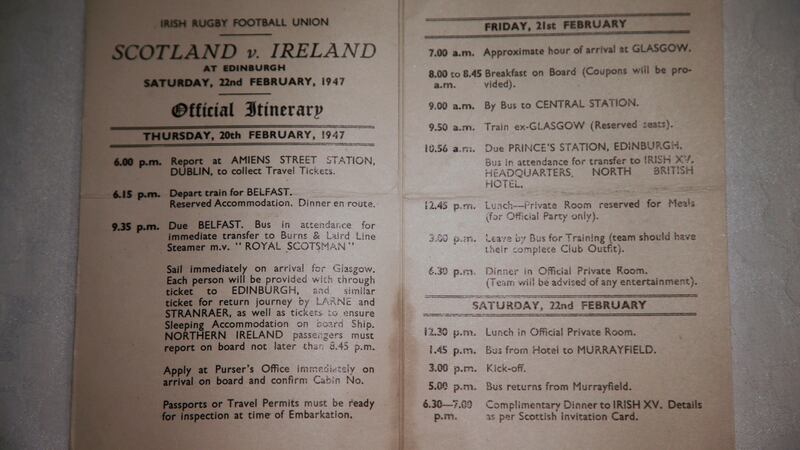 Players’ itinerary for the Ireland match against   Scotland in the 1947 Five Nations. The material is held by is Barney Mullan’s daughter Alison Fergusson. Photograph: Nick Bradshaw