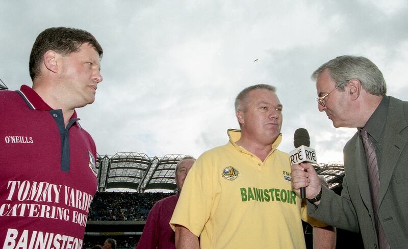 Jim Carney interviews Galway manager John O'Mahony and Kerry manager Páidí Ó Sé after the 2000 All-Ireland final which Kerry won. Photograph: Tom Honan/Inpho 