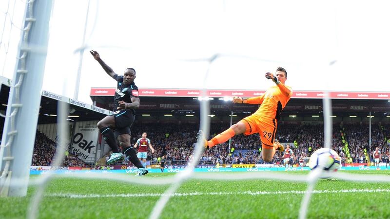 West Ham United’s Michail Antonio scores their first goal past Burnley goalkeeper  Nick Pope during the Premier League game at Turf Moor. Photograph: Peter Powell/Reuters