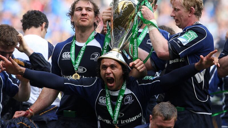 Isa Nacewa celebrates with his Leinster team-mates after beating Leicester in  the Heineken Cup final in  2009. Photograph: Billy Stickland/Inpho