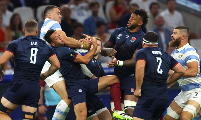 Argentina’s Emiliano Boffelli with Alex Mitchell and Courtney Lawes of England. After a gutsy display with 14 men, England are perhaps better than we appreciated. Photograph: James Crombie/Inpho 