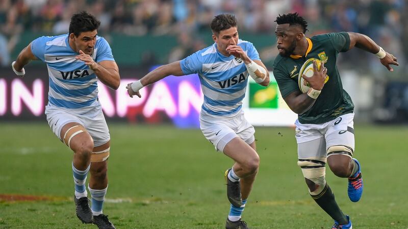 South Africa flanker Siya Kolisi  gets a break on Argentina during the Rugby World Cup warm-up game at  the Loftus Versfeld Stadium in Pretoria. Photograph: Christiaan Kotze/AFP/Getty Images