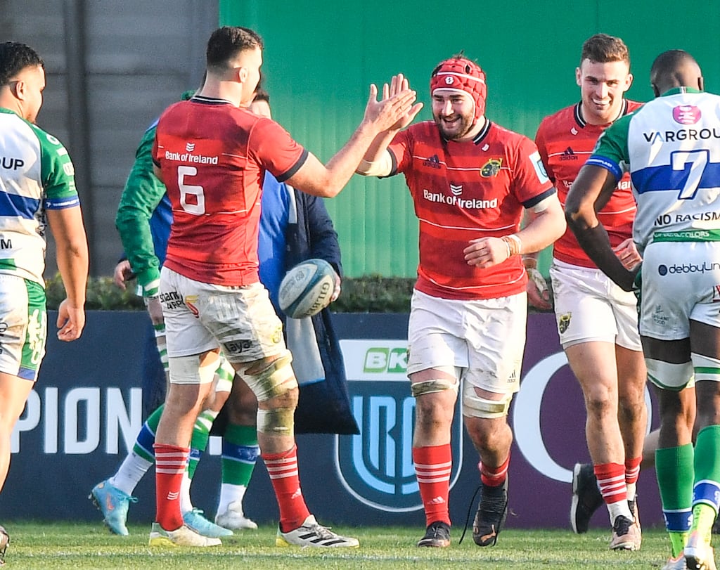 Munster’s John Hodnett celebrates with Jack O’Sullivan after scoring a try during the BKT United Rugby Championship match against Benetton Rugby at Stadio Monigo in Treviso. Photograph: Luca Sighinolfi/Inpho