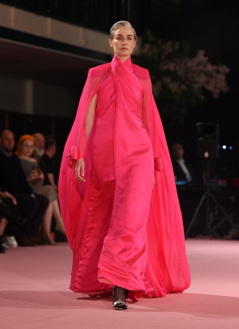 London Fashion Week: Erin O’Connor models in Richard Quinn’s show. Photograph: Tabatha Fireman/BFC/Getty