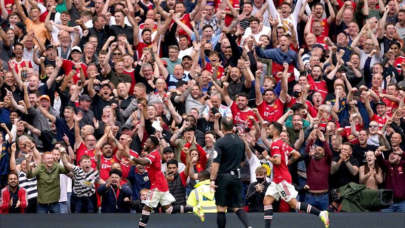 Manchester United’s Fred celebrates in front of the fans at Old Trafford  after scoring the fifth  goal in the Premier League win over Leeds United. Photograph:  Martin Rickett/PA Wire
