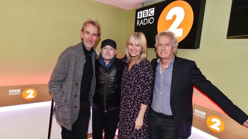 BBC presenter Zoe Ball with (left to right) Mike Rutherford, Phil Collins and Tony Banks of Genesis, appearing on Radio 2’s The Zoe Ball Breakfast Show on Wednesday. Photograph: BBC/PA Wire