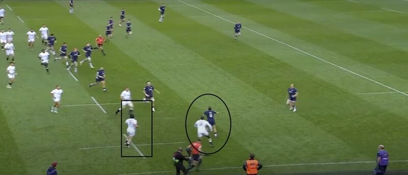England kick from a wide position to manipulate Scotland's backfield coverage. This leaves scrumhalf Ben White in an aerial contest with the much taller Tommy Freeman (circled). Freeman wins the battle, but if he doesn't, England cleverly station openside Sam Underhill (boxed) ready to poach for a turnover given Scotland's backfield is not in a position to resource the following breakdown.