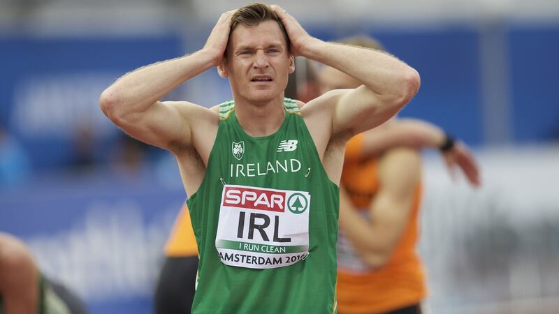 David Gillick dejected after the 400m relay at the 2016 European Championships. Photo: Karel Delvoije/Inpho