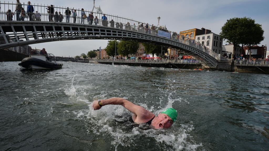 Dublin City Liffey Swim was threatened in 2019 by poor quality of water in river Liffey. Photograph: Alan Betson