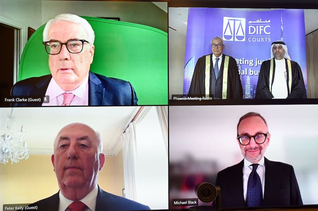 Judges Frank Clarke, William Young, Peter Kelly and Michael Black are sworn in to the DIFC Courts in a virtual ceremony in July. Photograph: Dubai Media Office/Twitter