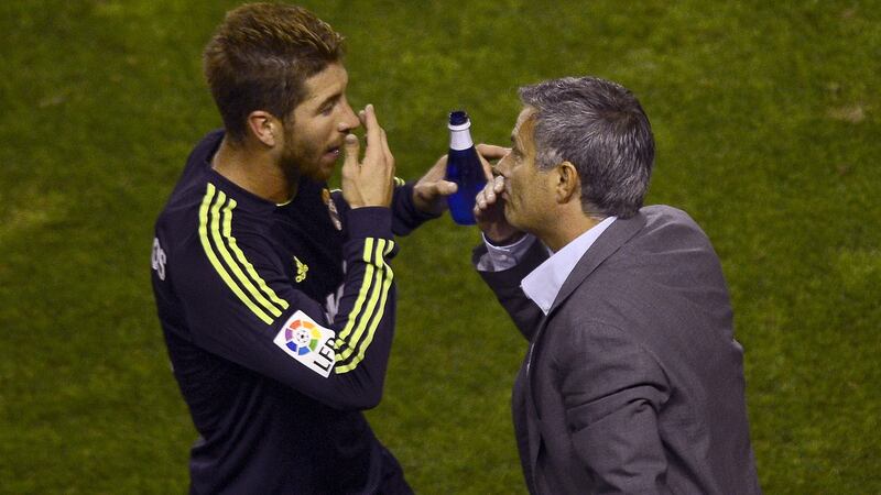 Real Madrid defender Sergio Ramos  with his manager  Jose Mourinho a league match against Rayo Vallecano in 2012. Photograph: Pierre-Philippe Marcou/AFP/Getty Images
