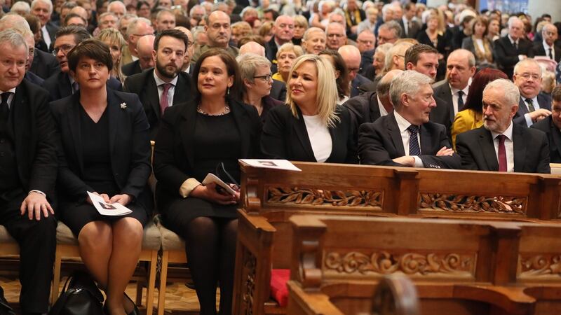 (L-R) SNP Westminster leader Ian Blackford, DUP leader Arlene Foster, Sinn Féin  leaders Mary Lou McDonald and Michelle O’Neill, shadow Northern Ireland secretary Tony Lloyd and British  Labour leader Jeremy Corbyn attend the funeral  of journalist Lyra McKee  in Belfast. Photograph: Brian Lawless/Pool/AFP/Getty Images