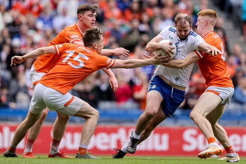 Monaghan's Conor Boyle bursts past Armagh's Ben Crealey, Andrew Murnin and Ciaran Mackin. Photograph: Ben Brady/Inpho